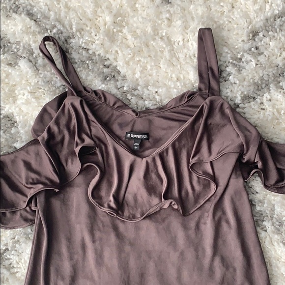 Brown Metallic Ruffle Overlay Cold Shoulder Blouse - Picture 3 of 4